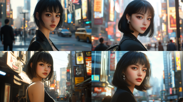 超高清，细节丰富，一个时尚摩登的美女站在繁华的都市街头。她留着一头利落的黑色短发，发尾微微内扣，显得干净又干练。小麦色的肌肤充满了健康的光泽，精致的瓜子脸线条流畅。一双丹凤眼微微上挑，眼眸深邃而迷人，眼妆是当下最流行的烟熏妆，黑色的眼线勾勒出完美的眼型，搭配上浓密的假睫毛，显得眼睛更加有神。高挺的鼻梁下，是一张鲜艳的正红色嘴唇，犹如盛开的玫瑰般娇艳欲滴。她身着一件黑色的修身西装外套，内搭一件白色的简约露脐背心，下身搭配一条黑色的阔腿裤，裤脚拖地，显得腿长无比。脚上踩着一双黑色的细跟高跟鞋，鞋面上镶嵌着几颗闪耀的水钻。肩上挎着一个黑色的名牌链条包，手上戴着一只银色的手表和几枚个性十足的戒指。她的脸上戴着一副黑色的墨镜，酷劲十足。背景是高楼大厦林立的城市街道，车水马龙，霓虹灯闪烁，人群来来往往。 这张照片里，她侧身而立，午后的阳光为她勾勒出柔和金边。她一头栗色长发微卷，随性搭在一侧肩膀，几缕碎发俏皮拂过脸颊，闪耀着光泽。 她脸型小巧精致，似鹅蛋般圆润流畅。肌肤白皙细腻，在阳光轻抚下，透着淡淡的粉，宛如刚剥壳的荔枝。弯弯柳叶眉，如春日新柳，眉尾微微上挑，尽显灵动。双眸清澈明亮，似藏着一汪清泉，眼波流转间，满是温柔与俏皮。高挺鼻梁下，小巧嘴巴微微嘟起，唇色如熟透樱桃，泛着水润光泽，似有千言万语欲说还休。 她身姿曼妙，肩颈线条优美，恰似优雅天鹅。身着一袭淡蓝色连衣裙，领口微微敞开，露出精致锁骨。裙子贴合身体曲线，勾勒出纤细腰肢，裙摆随风轻扬，如海浪泛起涟漪。她一只手自然垂在身侧，另一只手轻轻搭在栏杆上，手指修长纤细，指甲修剪得圆润整齐，泛着健康光泽。 照片背景是一片繁花盛开的花园，五彩花朵簇拥着她，却丝毫无法掩盖她的光芒，她就像花丛中最娇艳动人的那朵，美得让人移不开眼。