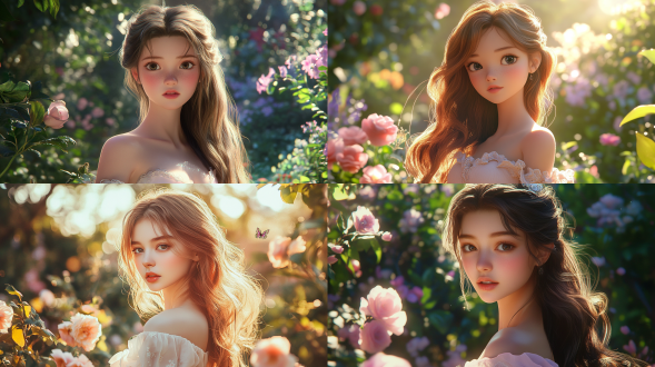 杰作，极致高清，8k画质，一个年轻的美女站在阳光明媚的花园中，微风轻轻拂过。她有着一头柔顺的浅棕色长发，发尾自然地微微卷曲，几缕碎发俏皮地垂落在脸颊两侧。白皙如雪的肌肤泛着淡淡的光泽，犹如刚剥壳的鸡蛋般细腻。弯弯的柳叶眉下，是一双水汪汪的大眼睛，眼眸如同清澈的湖水，闪烁着灵动的光芒，睫毛又长又翘，像两把小扇子。小巧的鼻子下，是一张粉嘟嘟的樱桃小嘴，嘴角微微上扬，露出甜美的笑容，两个浅浅的酒窝若隐若现。她穿着一件淡粉色的雪纺连衣裙，裙摆上绣着精致的白色小花，领口和袖口处点缀着蕾丝花边，腰间系着一条同色系的蝴蝶结腰带，更显纤细的腰身。脚上穿着一双白色的平底凉鞋，脚踝处系着一条精致的银色脚链，随着她的动作轻轻晃动。她的手中捧着一束粉色的玫瑰，与她甜美的气质相得益彰。背景是盛开的各种鲜花，五彩斑斓，花香四溢，阳光透过树叶的缝隙洒在她身上，形成一片片斑驳的光影。 这张照片里，她侧身而立，午后的阳光为她勾勒出柔和金边。她一头栗色长发微卷，随性搭在一侧肩膀，几缕碎发俏皮拂过脸颊，闪耀着光泽。 她脸型小巧精致，似鹅蛋般圆润流畅。肌肤白皙细腻，在阳光轻抚下，透着淡淡的粉，宛如刚剥壳的荔枝。弯弯柳叶眉，如春日新柳，眉尾微微上挑，尽显灵动。双眸清澈明亮，似藏着一汪清泉，眼波流转间，满是温柔与俏皮。高挺鼻梁下，小巧嘴巴微微嘟起，唇色如熟透樱桃，泛着水润光泽，似有千言万语欲说还休。 她身姿曼妙，肩颈线条优美，恰似优雅天鹅。身着一袭淡蓝色连衣裙，领口微微敞开，露出精致锁骨。裙子贴合身体曲线，勾勒出纤细腰肢，裙摆随风轻扬，如海浪泛起涟漪。她一只手自然垂在身侧，另一只手轻轻搭在栏杆上，手指修长纤细，指甲修剪得圆润整齐，泛着健康光泽。 照片背景是一片繁花盛开的花园，五彩花朵簇拥着她，却丝毫无法掩盖她的光芒，她就像花丛中最娇艳动人的那朵，美得让人移不开眼。