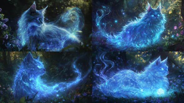 在迷雾弥漫的神秘魔法森林深处，有一只周身散发着幽蓝光芒的猫咪。它的毛发并非普通的柔顺质感，而是如流动的星光般闪烁，每一根毛发都像是蕴含着无尽的宇宙奥秘，幽幽蓝光不断交织变幻，如同在讲述古老的魔法传说。它的耳朵异常修长，尖端呈半透明的水晶质地，内部流动着神秘的符文，随着微风轻轻颤动，仿佛在接收来自异世界的讯息。它的眼睛犹如两颗深邃的紫水晶，瞳孔中闪烁着漩涡状的光芒，只要与它对视，就仿佛会被吸入一个充满奇幻色彩的异次元空间。它的鼻子小巧玲珑，却散发着淡淡的银色雾气，雾气中隐约可见一些神秘的符号若隐若现。它的嘴巴微微张开时，会吐出一缕缕淡绿色的魔法烟雾，烟雾在空中变幻出各种奇妙的形状，有时是展翅高飞的凤凰，有时是跳跃的独角兽。它的背上生有一对巨大的翅膀，翅膀由蓝色的火焰凝聚而成，火焰边缘闪烁着金色的符文，轻轻挥动翅膀，便能掀起一阵魔法风暴，让周围的花草树木随着风暴的节奏摇曳生姿。它的尾巴又粗又长，尾尖处有一个巨大的魔法球，魔法球散发着五彩斑斓的光芒，内部仿佛有无数个星系在运转，时不时会有一道绚丽的魔法光束从魔法球中射出，照亮整个森林