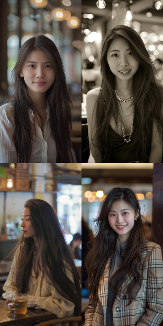 午后，亚洲长发少女，时尚装扮，淮海路咖啡馆，自然光，近景，浅景深，柔和色调，优雅，放松，对角线布局，高对比度，室内，暖色调，50mm镜头，侧光，慢快门，微笑，舒适。 环境光