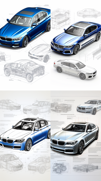 bmw 530li设计的详细cad风格蓝图，铅笔素描效果，黑色线条。该绘图包括精确的尺寸和注释、详细的测量值以及带标签的注释。纯白色背景。时尚的车身颜色。车轮、前大灯、后扰流板和拉力赛贴花等关键部件上有细微的颜色高光，车轮、格栅、前大灯和迷你铜徽等关键部件上有选择性的颜色高光。整辆车的设计充满了个性和活力，经典的圆形大灯，19款液晶仪表盘和无框车门都是其中的元素。