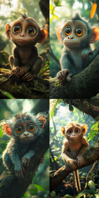 大嘴猴眺望，树枝坐姿，宫崎骏风格，雨林背景，正面视角，中心构图，梦幻引擎，辛烷值渲染，色彩鲜艳，丁达尔光线，超高分辨率，32k。