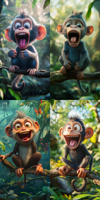 卡通形象里的大嘴猴，树枝坐姿，宫崎骏风格，雨林背景，正面视角，中心构图，梦幻引擎，辛烷值渲染，色彩鲜艳，丁达尔光线，超高分辨率，32k。