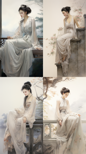 宫廷仕女坐倚靠栏杆远望，线条人像，中国画风格，娟本淡彩，高画质，优雅姿态，柔和表情，背景留白，细节丰富，静谧氛围，传统服饰，细致描绘，古典美。