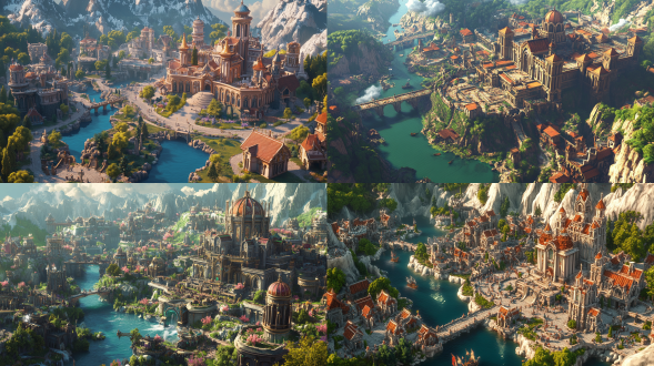 魔兽世界联盟暴风城，45度视角，8k，地图，底图有植物，山石，河流，右上角有个欧式建筑，哥特式学院风格建筑，整体底图建筑比较少，45度建筑。