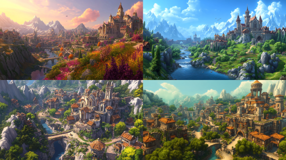 魔兽世界，联盟，暴风城，45度视角，8k，地图，底图有植物，山石，河流，右上角有个欧式建筑，中世纪风格建筑，整体底图建筑比较少，45度建筑。