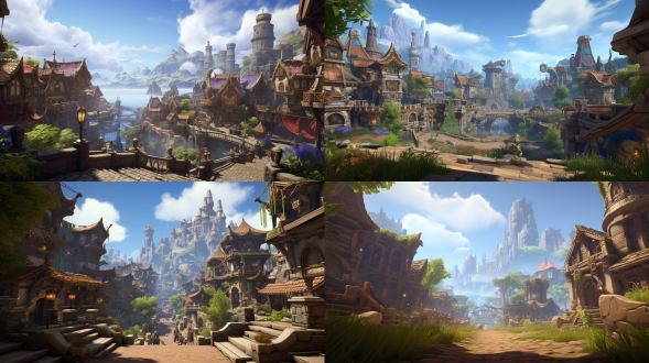 魔兽世界，联盟，暴风城，45度视角，8k，地图，底图有植物，山石，河流，右上角有个欧式建筑，中世纪风格建筑，整体底图建筑比较少，45度建筑。