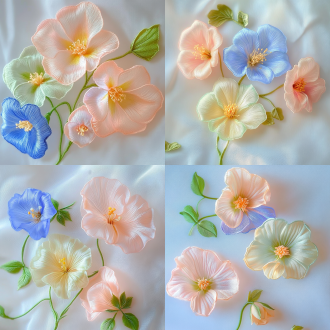 3d虞美人花，白浅绿浅粉黄，黄绿花心，绿茎绿叶，简单浅色背景，三分构图，清新风，春日氛围，柔光，微距，和谐配色。