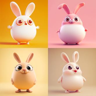 可爱胖兔子卡通形象，大圆脑袋身体，大眼睛，盲盒风，c4d粘土材质，鲜艳色搭干净背景，低细节几何，表现力风格，3:4