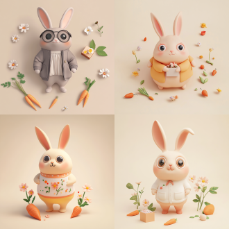 浅米色背景上穿衣服胖兔子，旁有花朵胡萝卜点缀，可爱大眼，极简风盲盒，c4d、ctane渲染，粘土材质，鲜艳色，等距视觉，表现力风格。