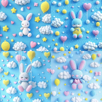 浅色背景可爱兔子与气球、白云星星爱心，盲盒元素，c4d粘土材质，等距排列，多巴胺配色，鲜艳色，极简风，ctane渲染，表现力风格。