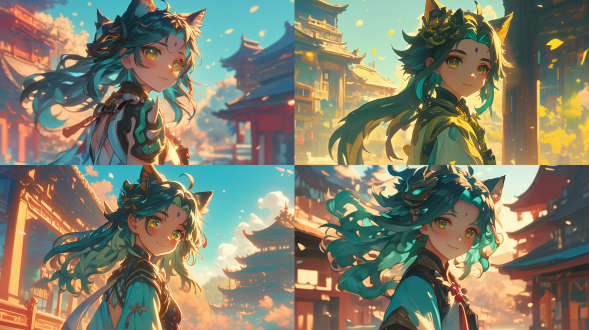 原神猫娘小女孩魈，古建筑旁行走，墨绿色长发，中式服饰，腰间面具，特写，可爱微笑，二次元风格，暖色调，柔和光。