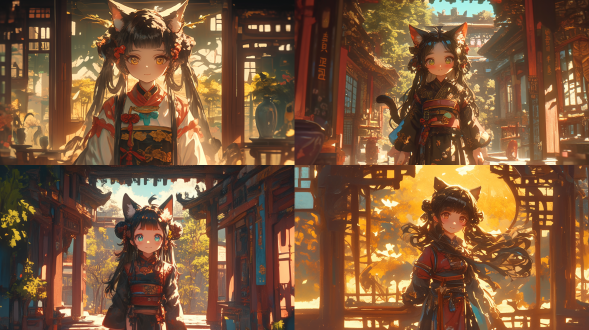 钟离猫娘8岁小女孩，黑发长头发，西中式衣服，站在古风建筑中，二次元风格，正面视角，暖色调，柔和光线，可爱。