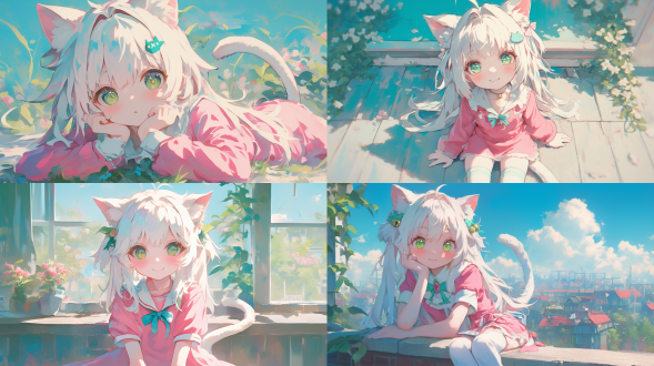 纳西妲猫娘，6岁模样全身像，粉色衣白色袜，白发虎牙超萌，绿叶发卡，二次元风格，全景，绿色调，柔和光，可爱。