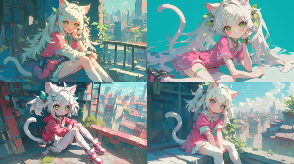 纳西妲猫娘，6岁模样全身像，粉色衣白色袜，白发虎牙超萌，绿叶发卡，二次元风格，全景，绿色调，柔和光，可爱。