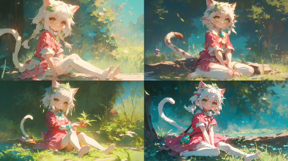 原神猫娘纳西妲全身像，远景二次元风格，超萌可爱，白发虎牙，绿眼穿粉衣白丝袜，光脚，头上绿叶发卡，柔和光，暖色调，可爱风。