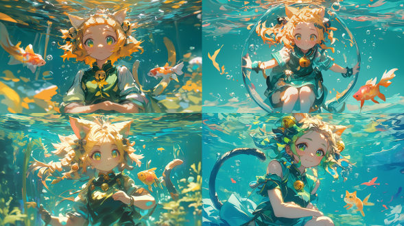 瑶瑶水下全身像，8岁猫娘，绿衣黄棕发戴铃铛，身边有黄色小宠物，可爱唯美，暖色调柔和光，8k最高质量，广角镜头。