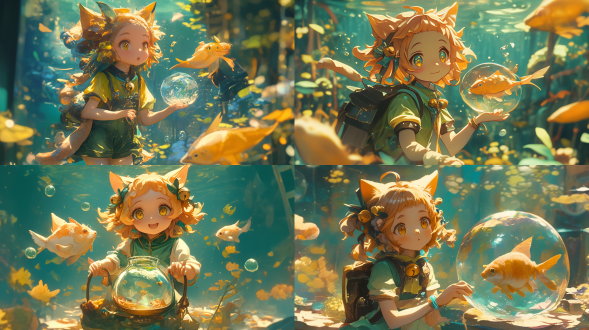 瑶瑶水下全身像，8岁猫娘，绿衣黄棕发戴铃铛，身边有黄色小宠物，可爱唯美，暖色调柔和光，8k最高质量，广角镜头。