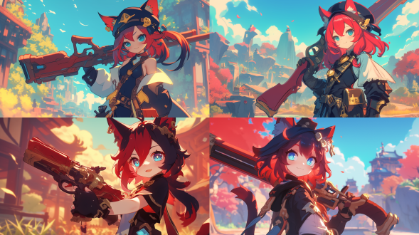 原神猫娘恰斯卡暗红发蓝色眼睛，黑色衣服，黑色帽子，8岁小女孩，部落场景，巨大的红色左轮枪，中心构图，8k唯美画质，暖色调，柔和光，可爱，微笑。