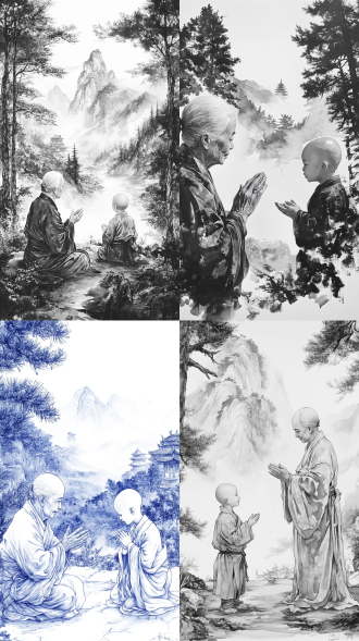 传统中国水墨画风格一个女性老道与一个6岁光头孩子面对面交谈，近景，双手合十聆听教诲，，松树，，寺庙山谷外，