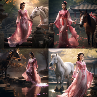 粉色旗袍女士立于古道，旁有瘦马小桥流水，三分构图，国风古韵，长焦镜头，暖黄侧光，宁静，婉约，古典美。