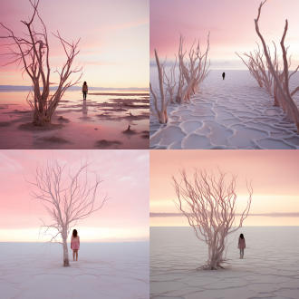 灰粉色主色调，低饱和度，实景照片，电影《flipped怦然心动》封面构图，玻利维亚天空之境，盐湖清晨，景深区别，最佳质量，长镜头，中国女孩子，橡树枝丫，背影，《致橡树》，柔和光线，宁静氛围，自然环境，细腻质感，温暖情感。