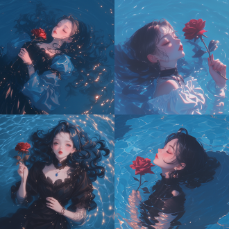 俯视视角，女人躺在水下，黑色头发，双眸微闭，长长睫毛，黑色耳钻，手拿红玫瑰，金色流动水波纹，飞溅的水花和细碎的金色光，光的效果，黑色长发飘散在水中，长睫毛显得格外柔美，心碎的美感，水中的金色光线营造出浪漫而神秘的氛围，背景是蓝色的水面，插画，手绘风格，高度清晰