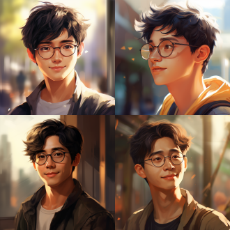 中国年轻男人，短发，戴方框眼镜，气质温和，面带笑容，圆脸半身，脸部细节，阳光打在侧脸，动漫风格
