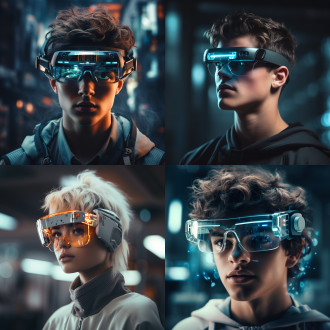 佩戴ar眼镜的年轻人，科技感场景，冷色调，平视构图，清晰对焦，正面光，静止，好奇，未来感，特写镜头。