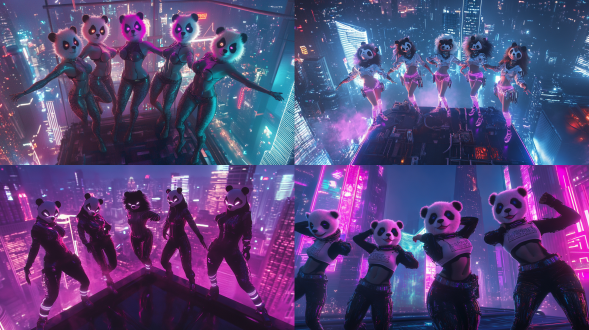 镜头环绕大厦楼顶，背景是未来城市，霓虹灯闪烁，五名身着紧身赛博服装的美女舞者面对镜头摆出跳舞的姿势。， g所有美女头部是巨大的毛绒绒熊猫头熊猫脸，服装采用未来感十足的紧身设计，材质光滑细腻，仿佛第二层皮肤。主体颜色为白色，上面布满了流动的荧光线条，线条颜色可以根据舞者的动作和情绪变化，从冷冽的蓝紫色到炽热的橙红色。服装细节丰富，例如肩膀和膝盖处有机械装甲般的装饰，腰间缠绕着发光的能量带，手腕和脚踝处佩戴着闪烁的led灯环。