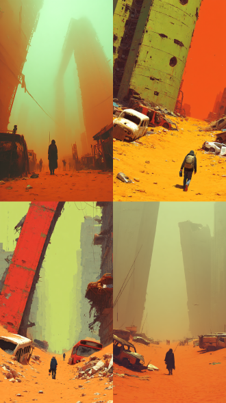 末日废土远景（无人机俯拍）→ 近景推镜：坍塌的摩天楼群间，披着破布斗篷的流浪者（低角度仰拍）手持辐射探测器穿行于锈蚀的车骸间，沙暴中忽隐忽现的巨型机械残骸（横移镜头），《疯狂的麦克斯》式橙青色调，胶片颗粒与动态模糊特效