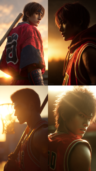 樱木花道，扣篮，动态，，侧面视角，真人cosplay，高分辨率。渲染直出，摄影后期处理，黯淡，丁达尔效应。上半身特写镜头神圣，三分构图，动态模糊，夕阳下，气质，35焦段人像。3d虚幻