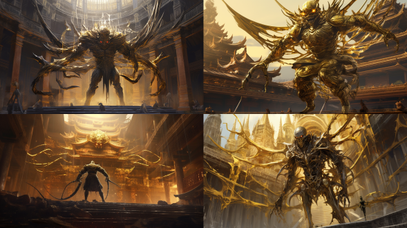 古代中国建筑群，黑神话悟空，天命人身披金甲，手持金箍棒和蜘蛛精对峙。 光追反射