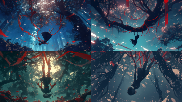枯树林黑夜舞者脚被红藤绑树上倒挂脑袋向下无尽黑暗背景，游戏风格，高对比，逆光边缘光，仰视对角线构图，光追反射。 星空 上方射下光 反射光 丁达尔效应