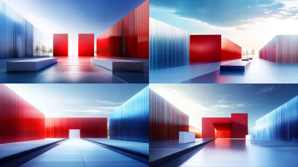 空旷广场中心的红色极简建筑，对称布局，冷色调，长焦镜头拍摄，平光下简洁庄重，超高清4k画面，宁静。