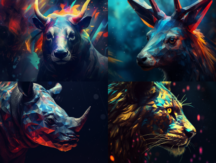 抽象艺术动物图案，不规则构图，几何元素，强烈色彩，暗背景，特写镜头，顶光，梦幻氛围，神秘。