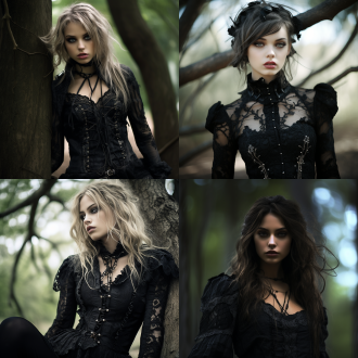 女孩哥特服饰，草地树木，逼真细节，自然皮肤纹理，复杂细节，超逼真，观众对视，黑色嘴唇，高对比度，阴暗环境，广角镜头，侧光，柔和阴影，神秘感，冷色调，细腻表情，深邃眼神。