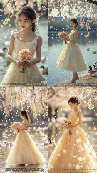 "a chinese girl wearing a pastel yellow spring dress walks along the lakeside path holding a bouquet of peach flowers, ducks swimming behind her, cherry blossom petals raining down, soft sunlight through weeping willows, 60mm f/1.4 lens shallow depth of field"