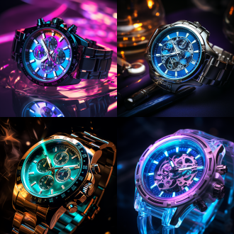 亚克力钟表夜晚产品摄影，中心构图，艺术风格，逼真，冷色调，微距镜头，顶光，精致，惊艳，美观。