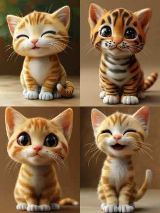 一只猫、可爱、3d渲染，c4d，卡通q版，风格可爱，浅棕色背景，背景简洁，简约的笔画艺术风格，超精致，艺术化的风格。