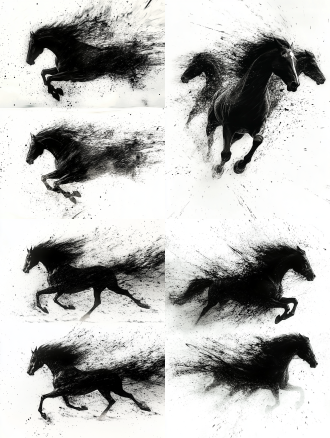赛马概念艺术，三联画，墨渍飞溅，黑色流体模拟，狂风呼啸，高动态，广角镜头，侧光，奔腾，激情，冷色调。