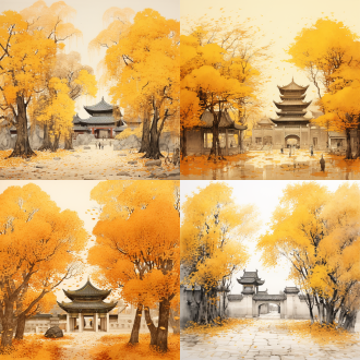 中国画，秋日银杏，寺庙