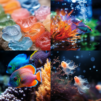 1. 液态蓝宝石，俯视，蓝绿渐变浅海，菱形光斑，银鳞鱼、鹿角珊瑚、水母，暖光，广角，清新。 2. 珊瑚调色盘，霓虹珊瑚交织，蓝塘鱼群，钴蓝背景虚化，侧光，中焦，绚丽。 3. 潮间带秘境，礁石池海藻、海星、虾群，波光水面，顶光，长焦，神秘。 4. 月光水母舞，深蓝荧光海，霞水母、座头鲸剪影，逆光，超广角，梦幻。 5. 海龟航线，俯拍玳瑁龟、蝴蝶鱼阵、海扇残骸，祖母绿潟湖，侧逆光，长焦，灵动。 6. 深渊极光，发光管水母、浮游生物，冷暖光交织，暗场光，微距，奇幻。 7. 浪花几何学，高速定格浪尖泡沫、水珠、栉水母，侧光，高速快门，震撼。 8. 热带珊瑚雨林，45度轴孔珊瑚、蓝雀鲷、黄貂鱼，背景虚化，侧逆光，中焦，活泼。 9. 贝壳交响曲，微距虎斑贝壳、星砂海胆刺，倒影马赛克，顶光，微距，精致。 10. 海平面魔镜，静止水面镜像火烧云，飞鱼打破，漩涡涟漪，逆光，长焦，浪漫。