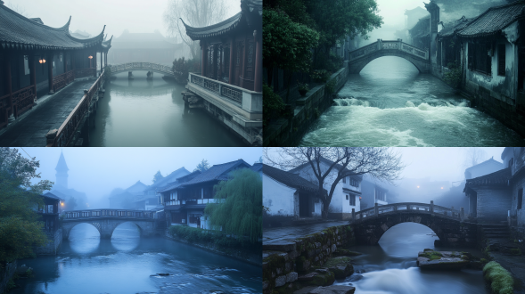 江南小镇，小桥流水，云雾缭绕，传统建筑，广角镜头，自然光，柔和色调，静态，神秘感，上帝视角
