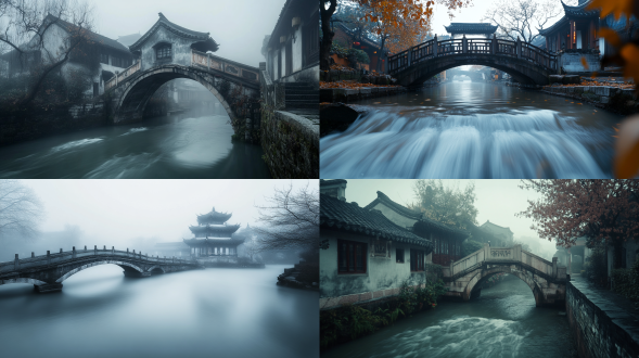 江南小镇，小桥流水，云雾缭绕，传统建筑，广角镜头，自然光，柔和色调，静态，神秘感，上帝视角