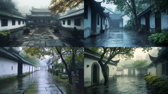 江南小镇，青瓦白墙，烟雨濛濛，传统建筑，广角镜头，自然光，柔和色调，静态，神秘感，上帝视角，高清，4k