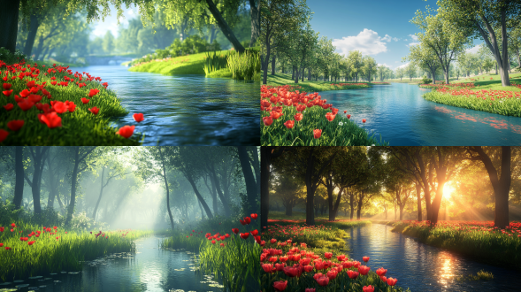 春日河岸，绿水如蓝草，红花似火焰，超写实画风，童话感，丁达尔光，虚幻引擎，全景构图，暖色调，平静。