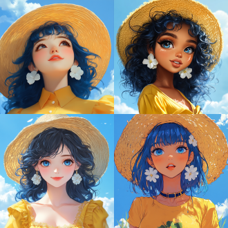 一个女孩，五官精致，瓜子脸，刘海，化妆，大眼睛，不露牙齿微笑，蓝色卷发（时尚），戴着大草帽，白色花耳环，锁骨，黄色短袖，白色背景，蓝色天空