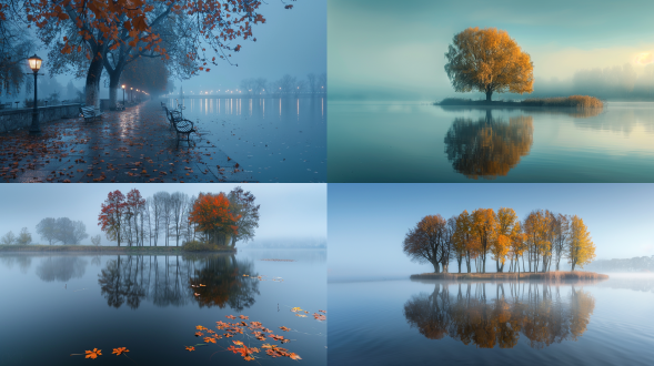 秋天，云雾缭绕，超现实感，柔和光，广角镜头，宁静，平光