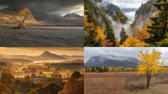 秋天，云雾缭绕，远山,超现实感，柔和光，广角镜头，宁静，平光